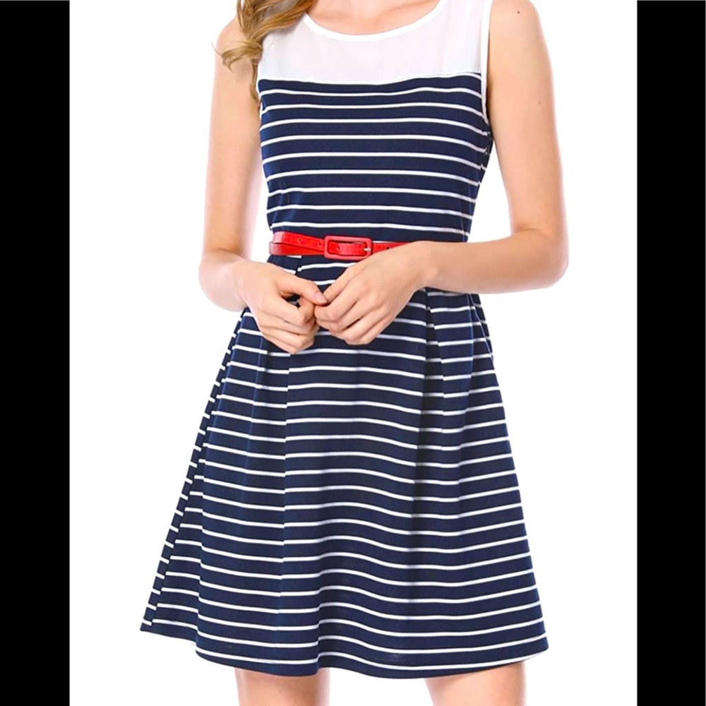 Allegra K Women's Chiffon Panel Stripe Short Sleeveless A-Line Dress